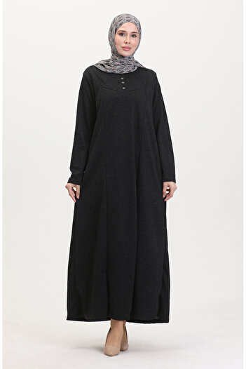 sefamerve Plus Size Button Detail Dress 0532-01 Black
