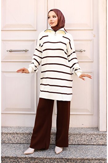 sefamerve Brown Striped Zippered Knitwear Set 11034-05