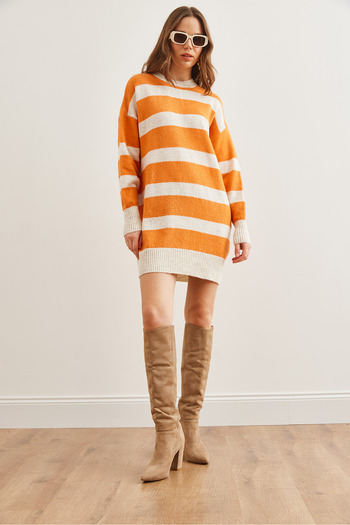 Olalook Women's Orange Thick Striped Soft Textured Knitwear Tunic Dress Elb- 19002281