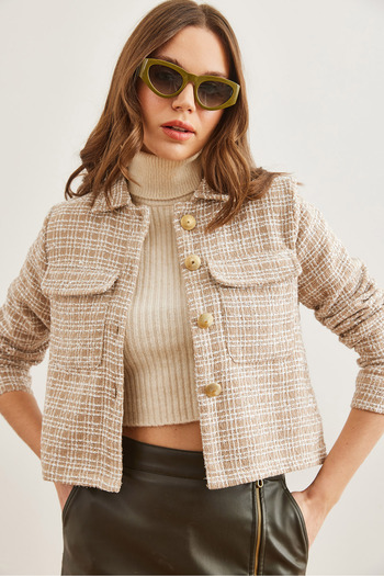Olalook Γυναικείο Tweed μπουφάν Camel με κουμπιά Glitter με λεπτομέρειες CKT- 19000411