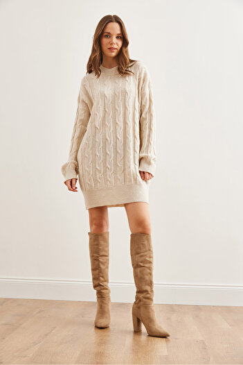 Olalook Women's Ecru Hair Braided Knitwear Tunic Dress Elb- 19002312