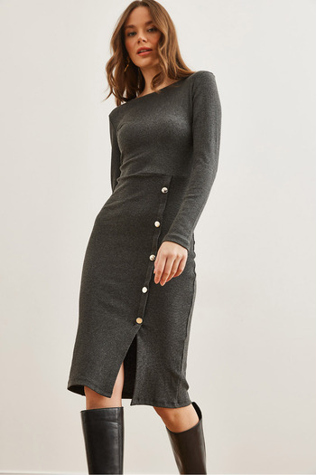 Olalook Rochie midi elastică cu fante cu nasturi afumati pentru femei ELB- 19002256