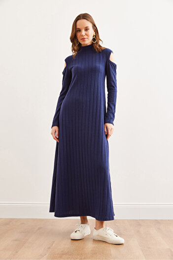 Olalook Women's Navy Blue Stand Collar Shoulder Low-Cut Thick Ribbed Dress Elb- 19002322