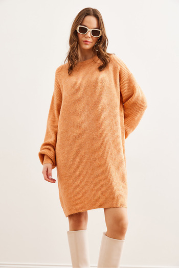Olalook Women's Salmon Crew Neck Balloon Sleeve Soft Textured Knitwear Tunic Dress Elb- 19001802