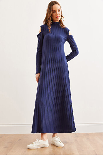 Olalook Women's Navy Blue Stand Collar Shoulder Low-Cut Thick Ribbed Dress Elb- 19002322