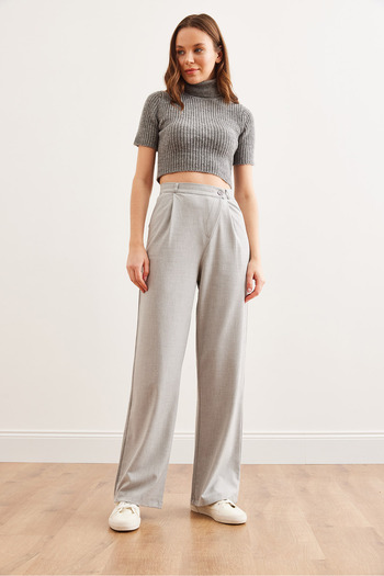 Olalook Women's Light Gray Waist Detailed Wide Leg Trousers with Pockets Pnt- 19000308
