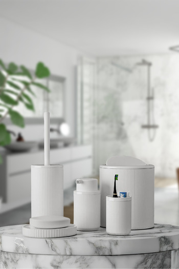 BİLTAŞ PLASTİK Auaro 5-Piece White Striped Eco Covered Round 5-Piece Bathroom Set