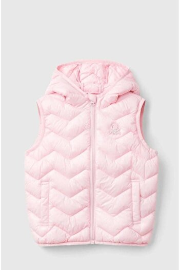 United Colors of Benetton Light Pink Girl's Vest - Left Chest Logo Embroidered, Zippered and Hooded