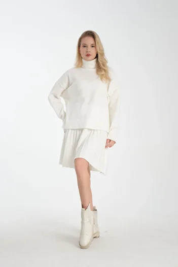 İLKCET MODA Skirt Pleated Ecru Turtleneck Sweater Skirt Suit