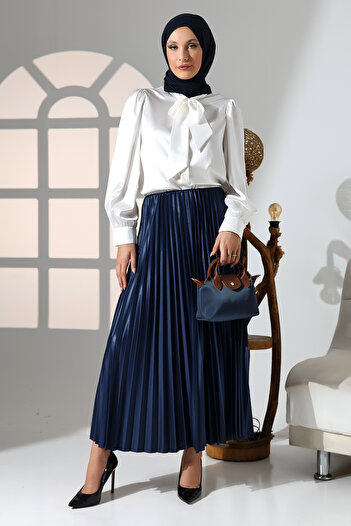 GİYSA Fusta lungă hijab din satin cu talie elastică indigo pentru femei - 2024-2