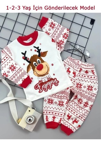 Bilge Trend Christmas New Year Ethnic Patterned Children's Pajamas Set with Deer - 1 2 3 4 5 6 7 8 9 Years BTGPT1