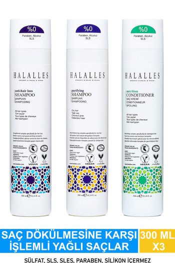 Halalles Anti-Hair Loss Shampoo Embroidered Oily Hair - Sulfate Free & Vegan Formula 3 X 300 ml