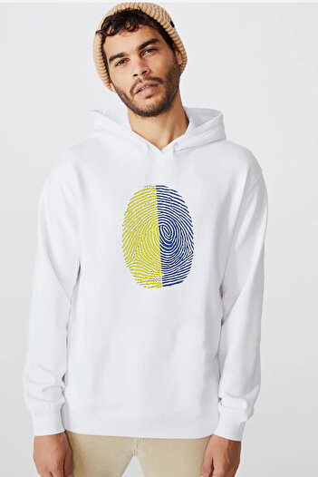 Tshirthane Жовтий синьо-білий принт у вигляді відбитків пальців, білий чоловічий світшот з капюшоном, 3 кишені