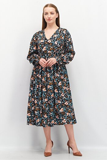 Esprit Women V-Neck Long Sleeve Allover Print Midi Dress, Black Combo
