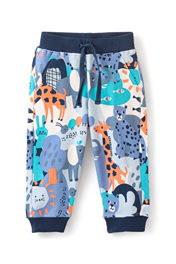 Bonfino Bonfino Cotton Full Length Lounge Pant with Giraffe Print - White & Blue