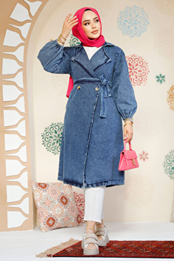 Neva Style Dark Blue Denim Hijab Trench Coat - 19128Km