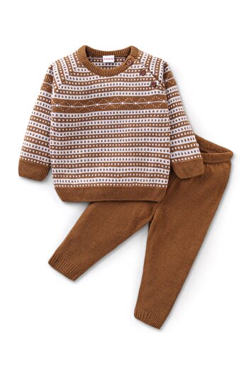 Babyhug 100% Acrylic Knit Full Sleeves Designed Sweater Set  - Brown