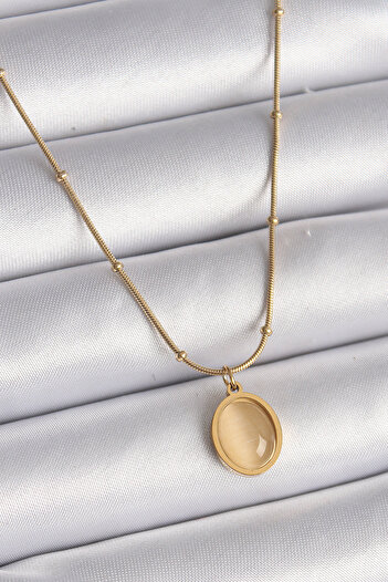 Store 316L Çelik Gold Renk Sarı Kedi Gözü Sedefli Oval Model Kadın Kolye