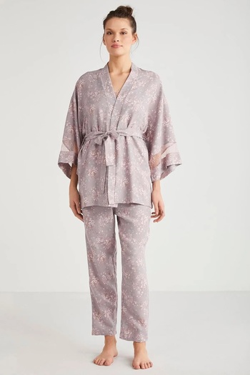 Catherine's Catherines Soft Textured Fabric Lace Detailed Triple Women's Pjamas Suit