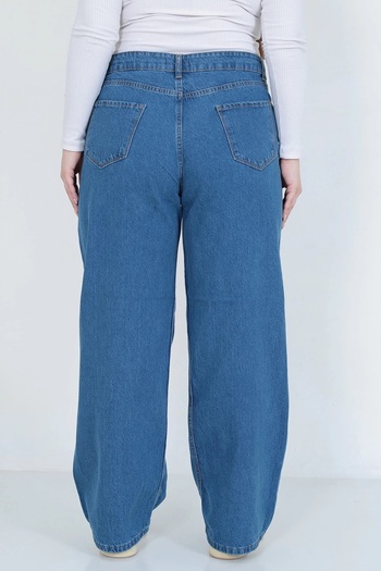 TRENDNATUREL Ramrod Büyük Beden Extra Süper Yüksek Bel Likralı Mavi Palazzo Salaş Jean Pantolon
