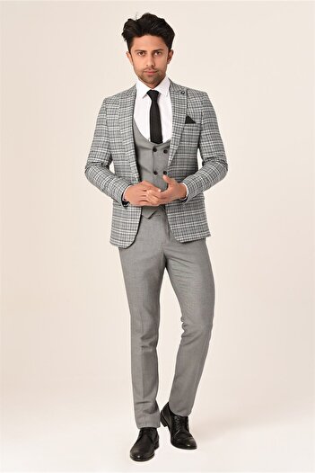 AGUSTİNİ Gri Ekose Yelekli Sivri Yaka Kombin Takım Elbise Slim Fit | Agustini
