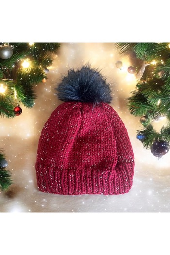 Baykuşca Silver Glitter Burgundy Beret, Hand Knitted Wool Beret