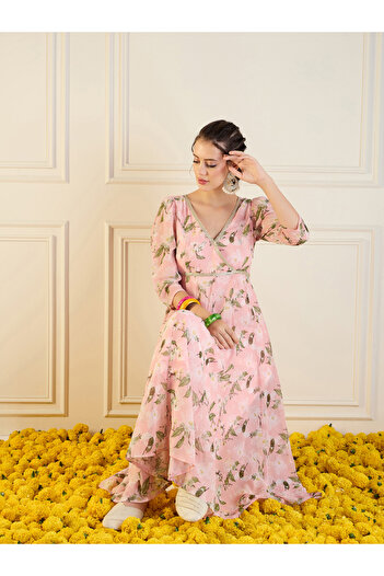 Sassafras By Styli All Over Floral Print V Neck Anarkali Maxi Dress