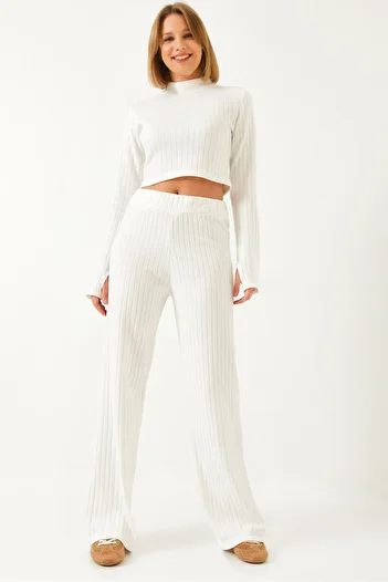 Bianco Lucci Damen-Set mit Fingern, elastischem Bund, Palazzo-Hose, geripptem Oberteil und Unterteil 0206 60261177