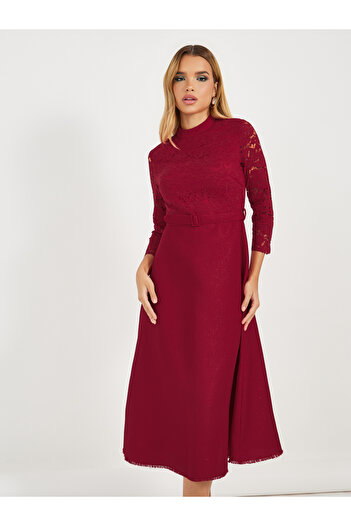 Styli Lace Insert Belted A-Line Midi Dress
