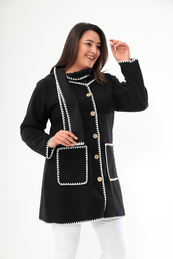 Şans Plus Size Black Embroidery Thin Stamp Jacket - with Scarf Accessories Unlined 65N38663