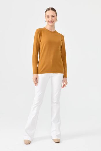 Desen Triko Women's Mustard Blouse - Lycra, Long Sleeve, Crew Neck
