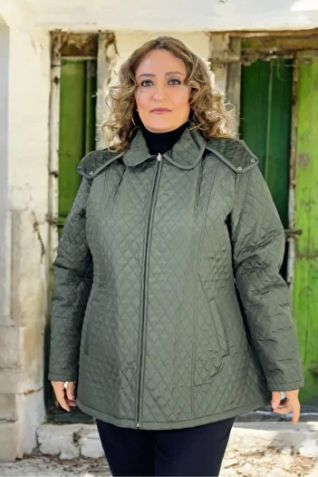 yagmurberen Excludable Hooded Pocket Inside Complete Plush Large Size Quilted Coat