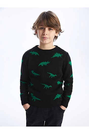 LC Waikiki Lcw Kids Siyah Bisiklet Yaka Desenli Uzun Kollu Erkek Çocuk Triko Kazak