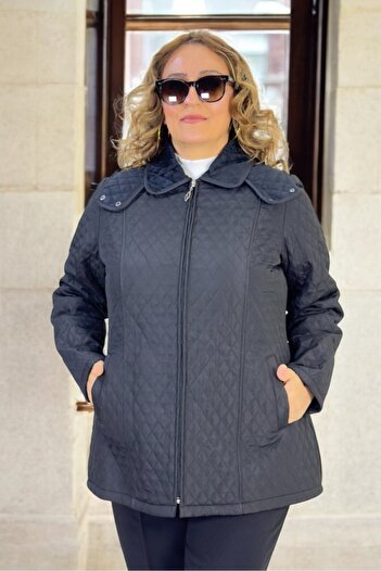 yagmurberen Excludable Hooded Pocket Inside Complete Plush Large Size Quilted Coat