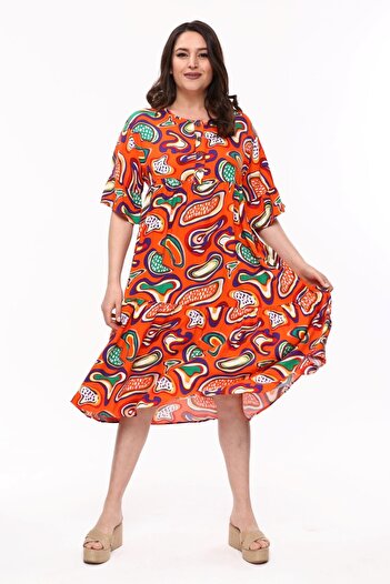 Ebsumu Women's Plus Size Ruffled Sleeves Printed Woven Orange Dress