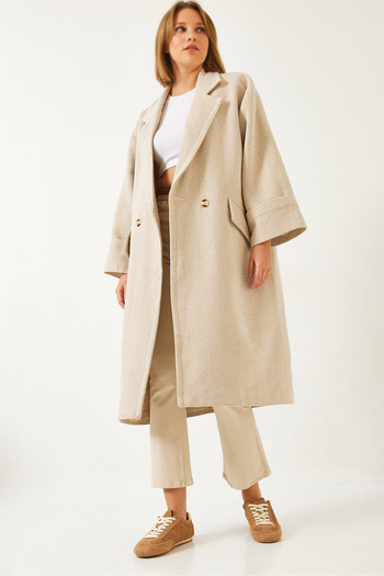 Bianco Lucci Women's Sleeve Folded Single Button Pocket Lined Cashmere Coat 60261169
