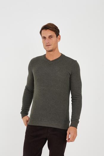 Maccali Men's Relaxfit Winter V Neck Long Solid Khaki Sweatshirt