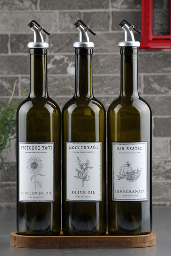 EA Home Concept 750ml Glass Bottle Oil Bottle Set - 3 Pieces with Wooden Stand, Glass Olive Oil and Pomegranate Sour