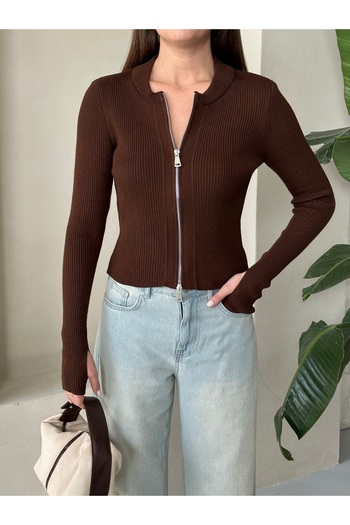 Laluvia Brown Double Zippered Adjustable Cardigan with Hand Fitting Detail - 14506