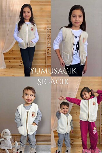 Alpar Tekstil Peluş Welsoft Kız-erkek Bebek Ve Çocuk Yelek Fermuarlı, Cepli, (2-10 YAŞ ARASI BEDENLER)/bej