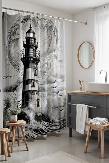 EVPANYA Bathroom Curtain, Black and White Lighthouse Pattern Shower Curtain, Bathtub Curtain 175X200Cm