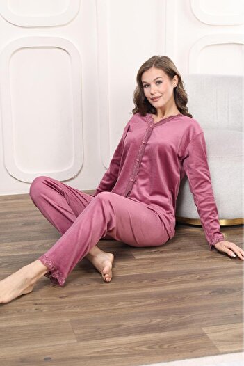 Elit Women's Front Button Velvet Lace Collar Detailed Water Green Pajamas Set with Dowry