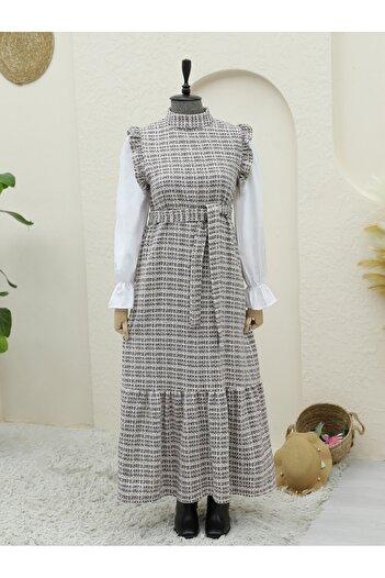 Modamorfo Tweed Gilet with Ruffled Sleeves and Belt - Plum