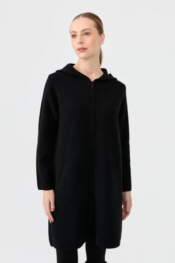 Desen Triko Black Basic Long Wool Cardigan - Hooded and Zippered