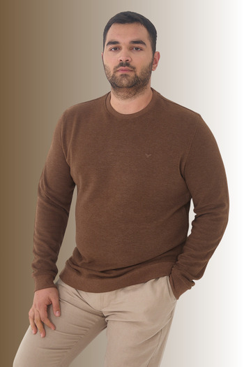 Maccali Ανδρικό χειμερινό Crew Neck Battal Basic καφέ φούτερ