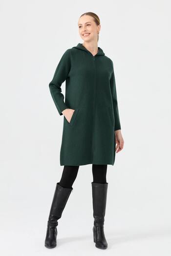 Desen Triko Green Long Wool Cardigan - Basic Women's Cardigan with Hood and Zipper