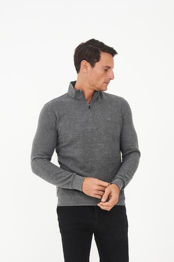 Maccali Men's High Top Half Zipper Fisherman Basic Long Gray Sweatshirt