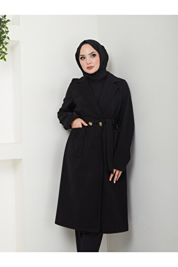 VOLT CLOTHİNG Women's Jacket Collar Buttoned Belted Cashmere Coat