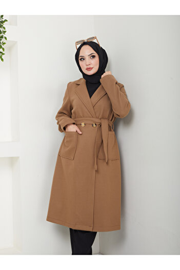 VOLT CLOTHİNG Women's Jacket Collar Buttoned Belted Cashmere Coat