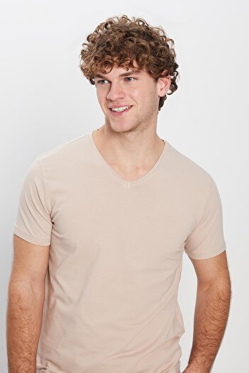Tudors Men's Slim Fit Slim Fit Cotton Soft Texture Lycra Stretchy Fabric Plain Basic Stone Color V-Neck T-Shirt